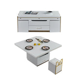 White Modern Lift Top Coffee Table Set with Storage & Stools Extendable Accent Table