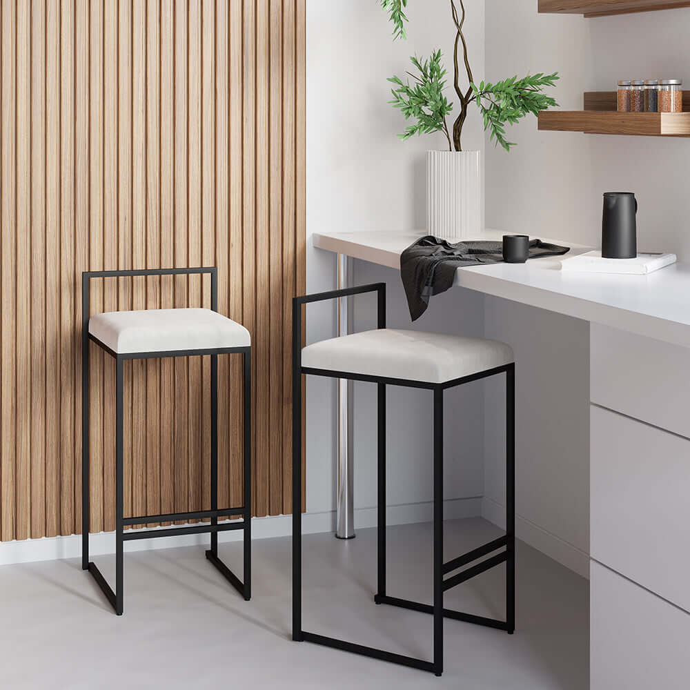 Modern White Velvet Counter Height Bar Stool Set of 2 Back Footrest Kitchen Dining Room Furniture Hauptbild