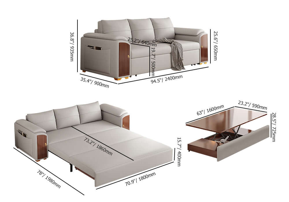 Functional 94.5" gray pull out sofa bed convertible LeathAire sleeper with lifttop coffee table