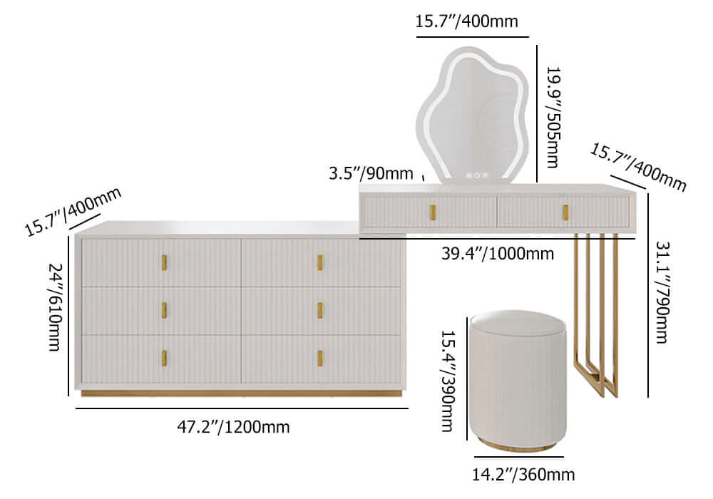 Sleek white makeup vanity set with 6-drawer cabinet, dressing table, stool, and mirror for beauty station