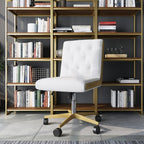 Ergonomic white swivel office chair with adjustable height and linen upholstery, armless design