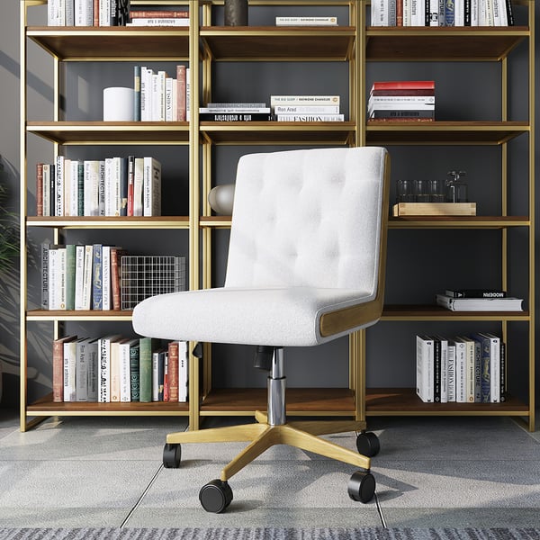 Ergonomic white swivel office chair with adjustable height and linen upholstery, armless design