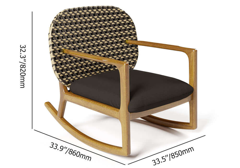 Teak and rattan 3-piece outdoor sofa set with natural wood rocking chair and cushions