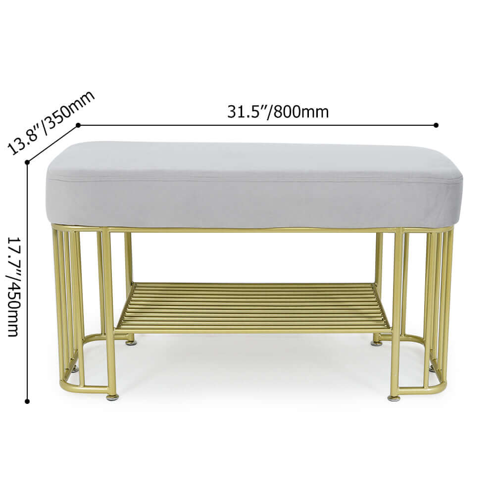 Luxurious green velvet storage bench with sturdy golden frame and convenient shelves