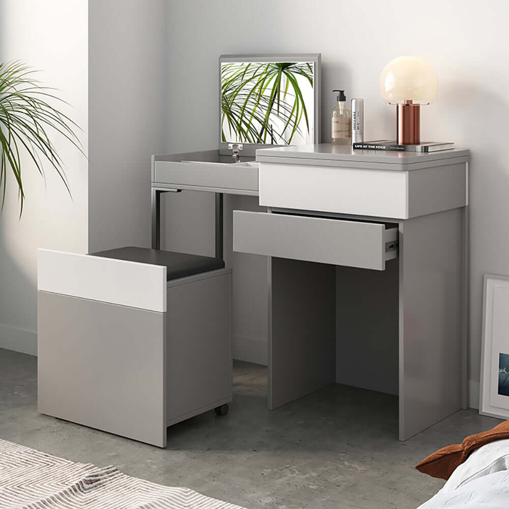 Gray makeup vanity with mirror and foldable dressing table as a stylish addition to your bedroom decor メイン画像