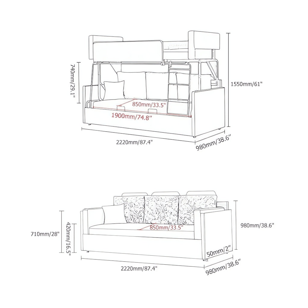 Convertible folding wood bunk bed sleeper with gray, blue, and khaki cushions included