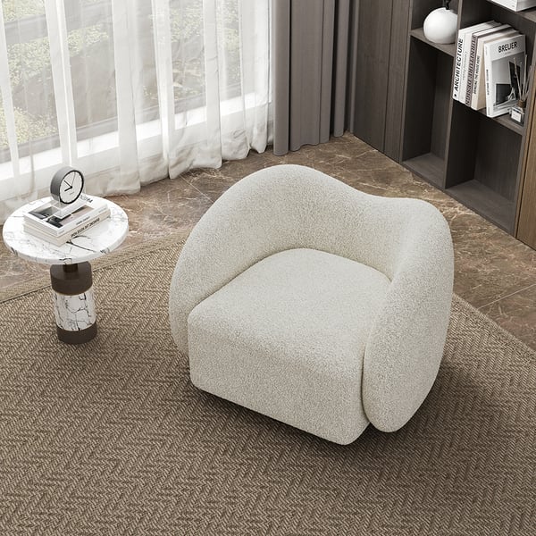 White swivel accent chair with cloud boucle fabric, modern lounge seating for living room