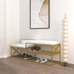 Modern white upholstered bench with gold legs for entryway decor