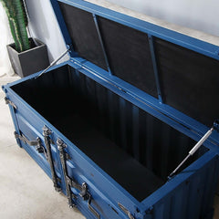 Stylish PU leather upholstered entryway bench with spacious storage in striking blue metal design