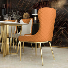 Pair of contemporary orange side chairs with wingback, upholstered in PU leather