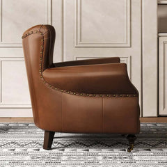 Solid wood frame midcentury modern brown accent chair in waxy leather