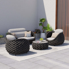 4 Pieces Woven Rope Outdoor Sofa Set with Faux Marble Top Coffee Table - Elegant black & gray color scheme for outdoor seating