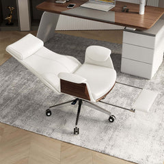 White leather reclining desk chair with high back and adjustable swivel for executive desk