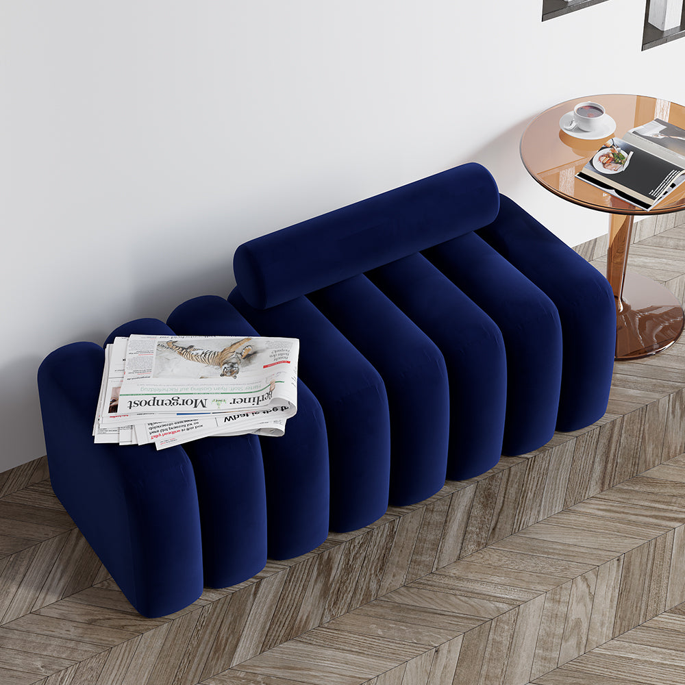 Elegant Modern Line Tufted Bench Upholstered Bench with Round Back for Living Room in Blue/White/Gray/Orange