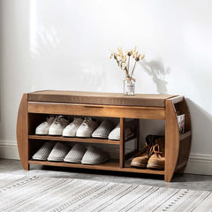 40.2 inch Rustic Bamboo Upholstered Entryway Flip Top Shoe Rack Bench with Storage and Shelves