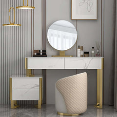 Modern white makeup vanity set with stone top and cabinet mirror for elegant home decor