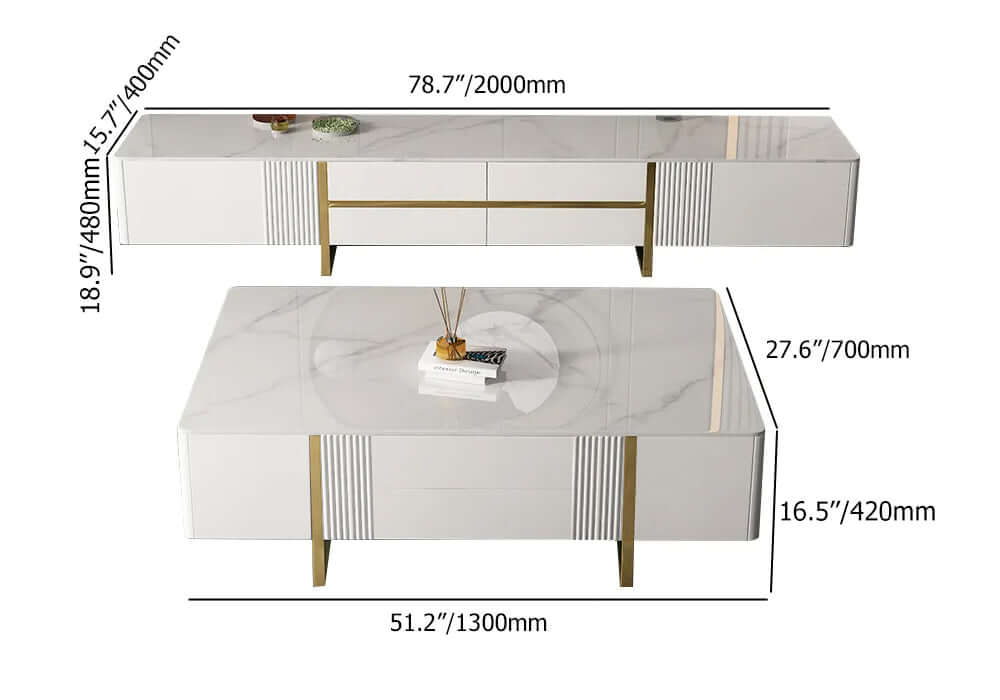 Stylish white rectangular TV stand and coffee table set, modern home decor