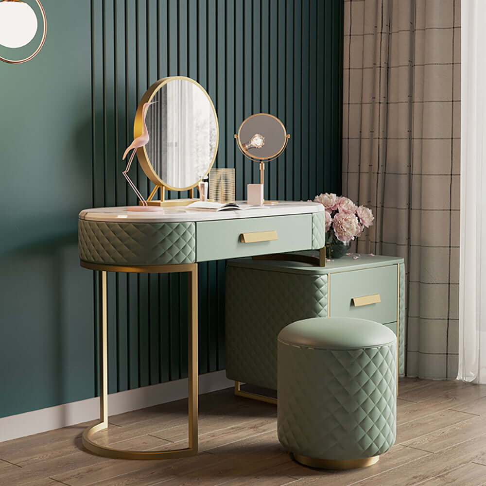 Elegant Green Makeup Vanity Set with Cabinet, Mirror, and Stool