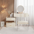 Chic white makeup vanity with extendable mirror, acrylic stool & storage drawers