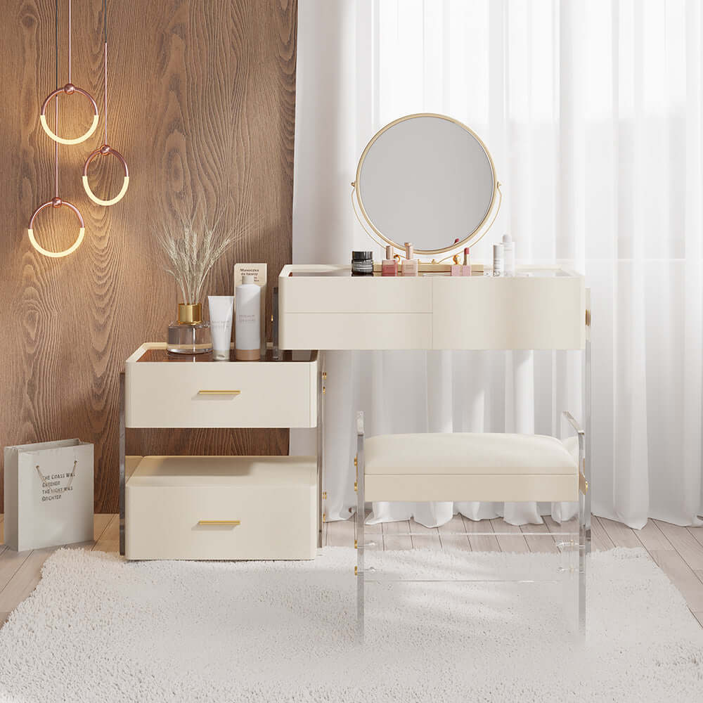 Chic white makeup vanity with extendable mirror, acrylic stool & storage drawers