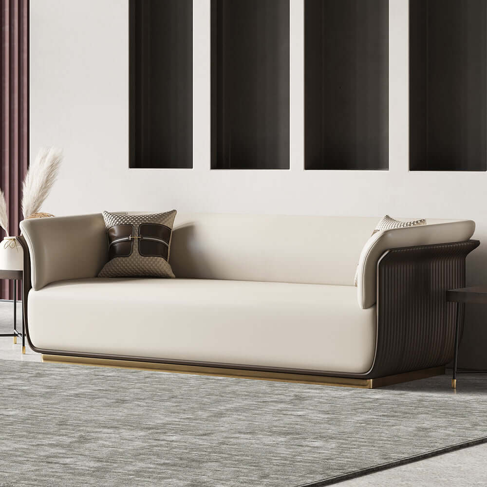 Modern OffWhite & Brown Sofa for 3 Seaters Microfiber Leather Upholstery Rectangle Secondary image