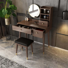 Modern minimalist makeup vanity set with mirror and stool in rich walnut finish