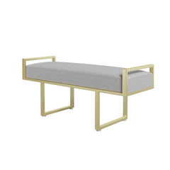 Gray linen upholstered ottoman bench with gold legs, the perfect piece for modern bedroom and entryway