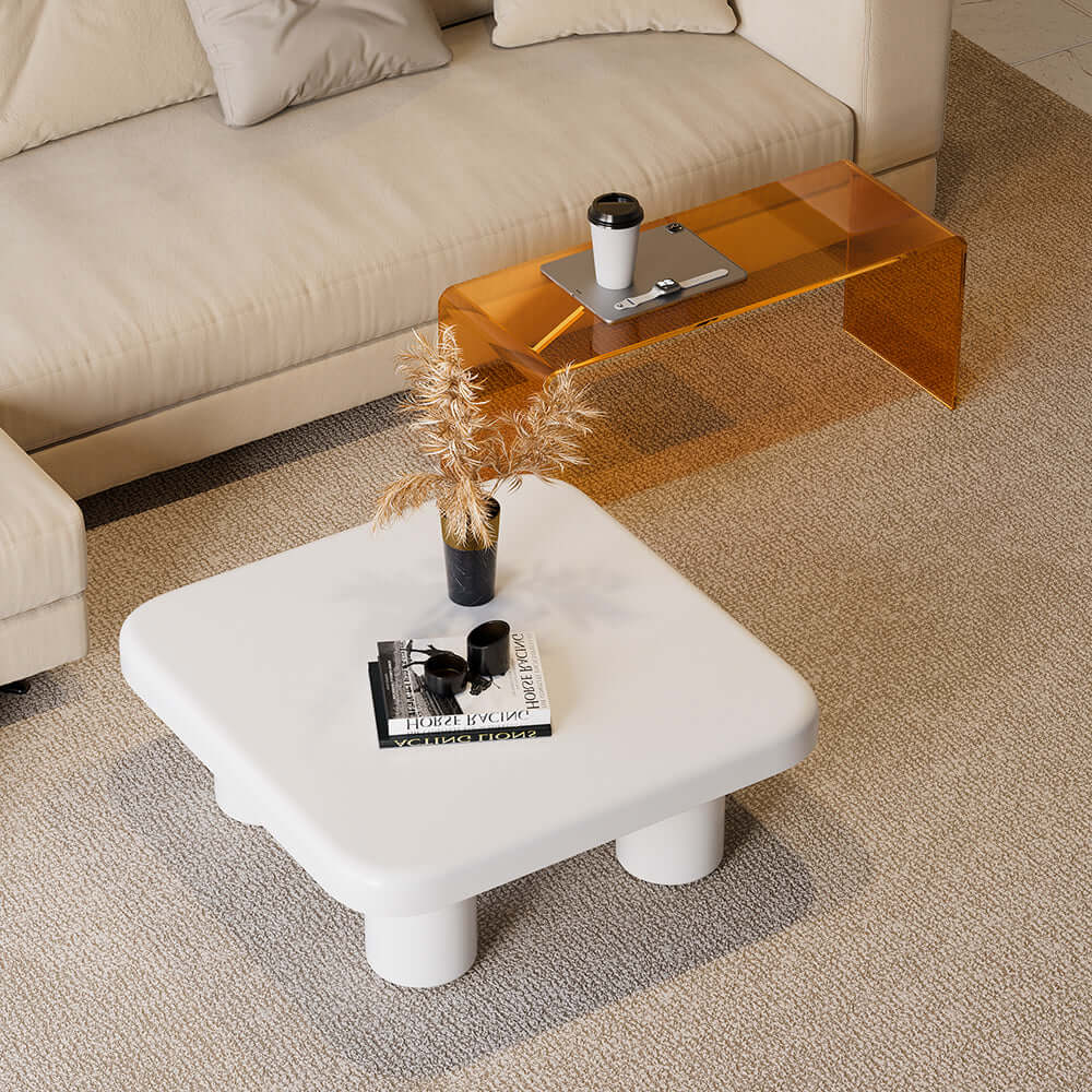 Quadratischer Nesting-Couchtisch Set aus 2 mit Acryl-Waterfall-Beistelltisch in Weiß & Orange Zweitbild