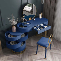 Blue makeup vanity set with side cabinet, extendable dressing table mirror & chair