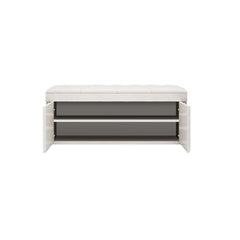 Versatile white entryway bench with ample shoe storage and plush cushioned seat