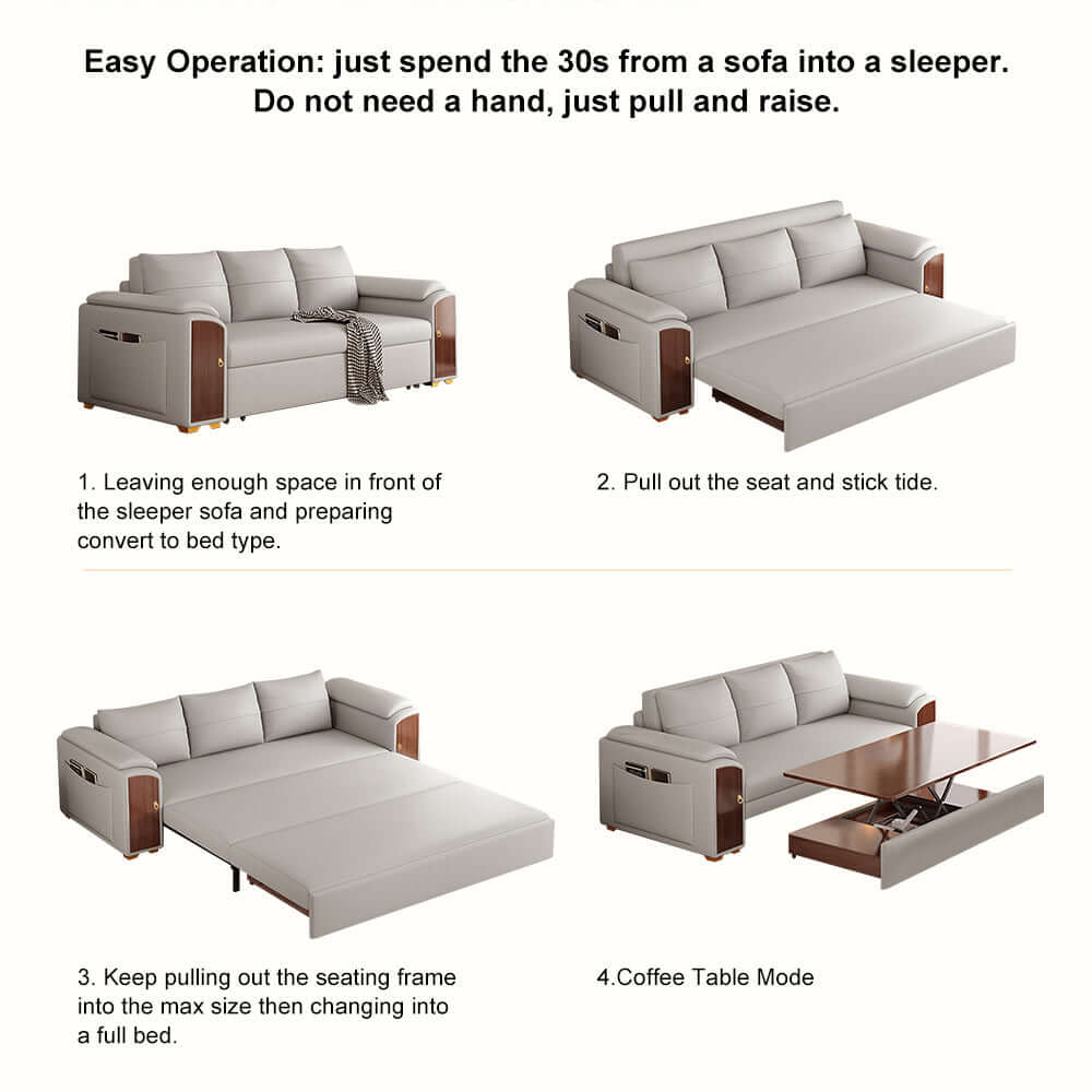 Space-saving 94.5" gray pull out sofa bed convertible LeathAire sleeper with lifttop coffee table
