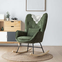 Midcentury green corduroy accent chair with rocking capability and upholstered seat