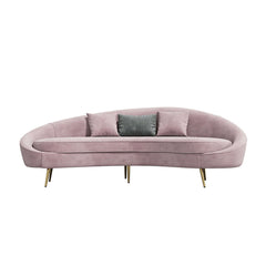 Modern pink velvet sofa with curved design, gold metal frame, and toss pillow, 63 inch length