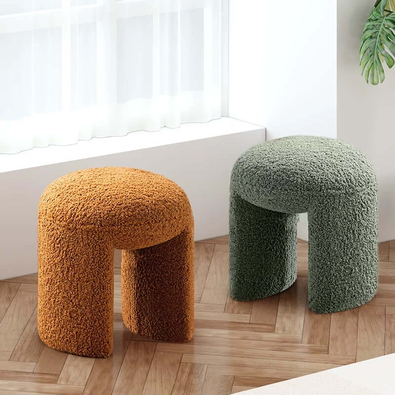 Brown and white boucle stool with short and long design, ideal for living room, bedroom, or entryway seating