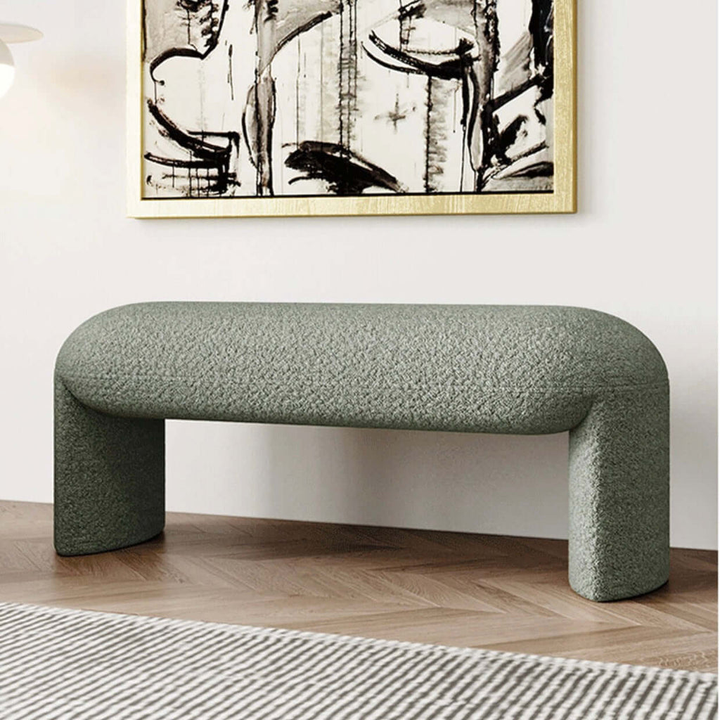 Brown and white boucle stool with short and long design, ideal for living room, bedroom, or entryway seating