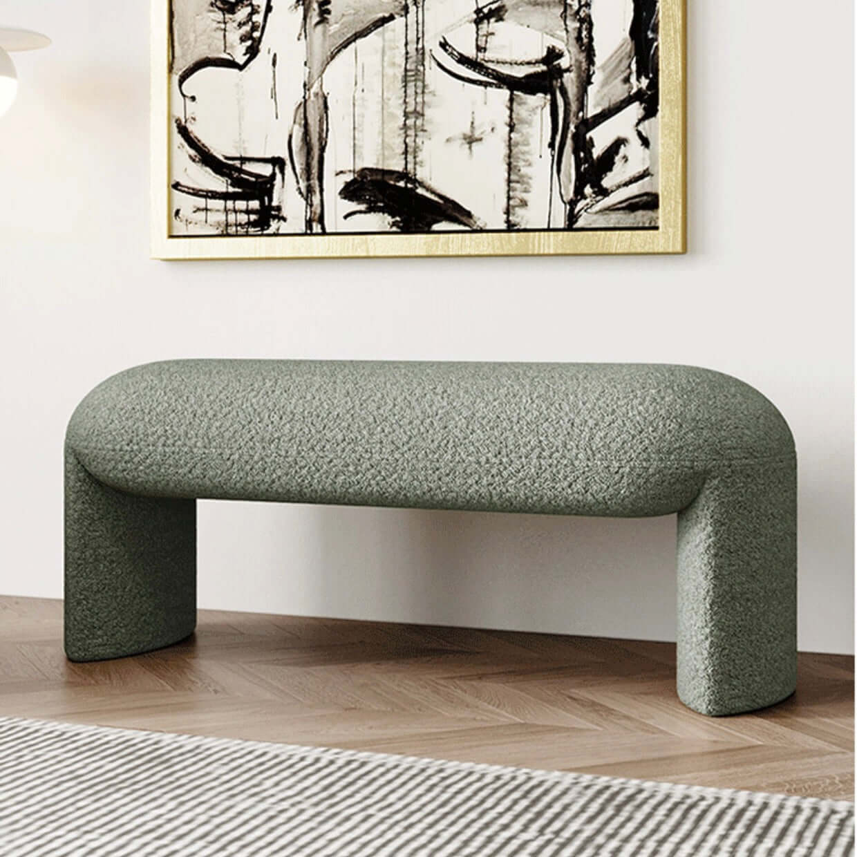 Brown and white boucle stool with short and long design, ideal for living room, bedroom, or entryway seating