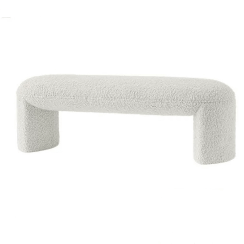 Brown and white boucle stool with short and long design, ideal for living room, bedroom, or entryway seating