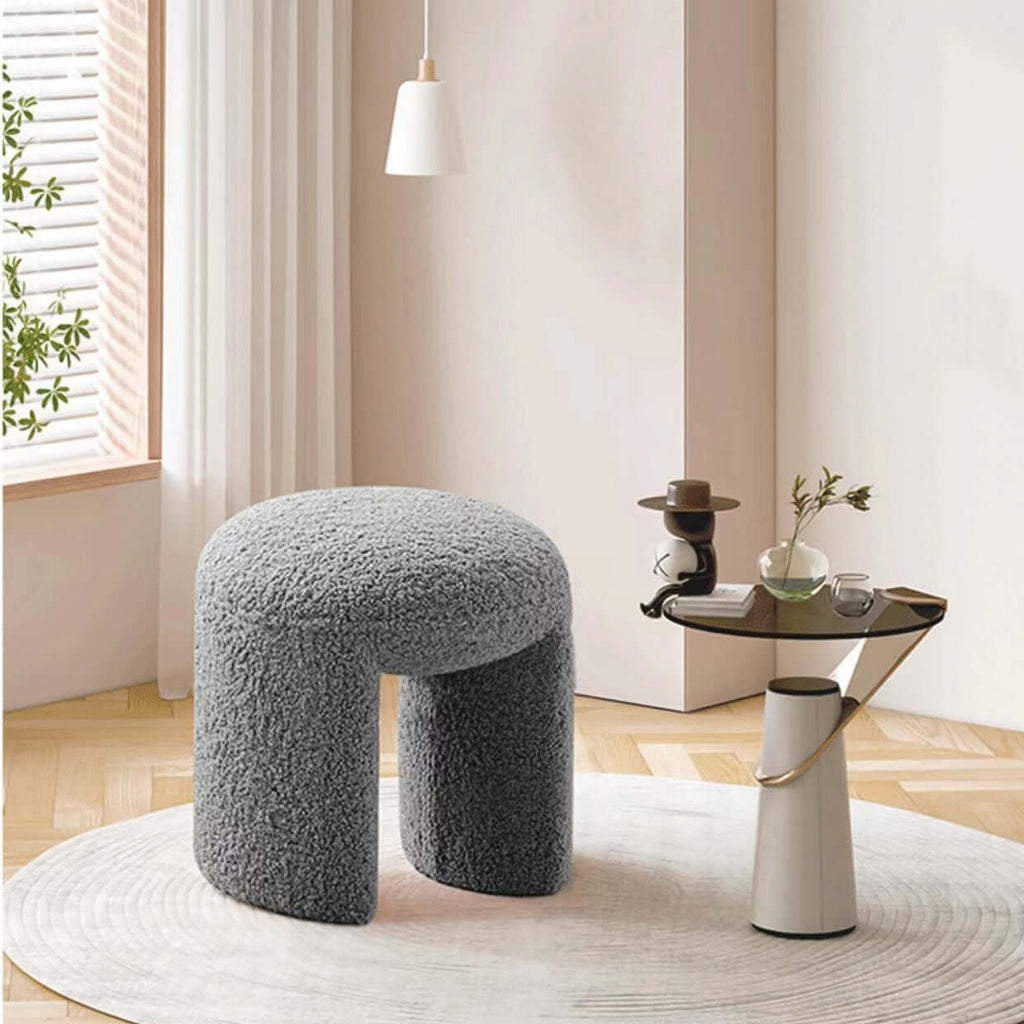 Brown and white boucle stool with short and long design, ideal for living room, bedroom, or entryway seating