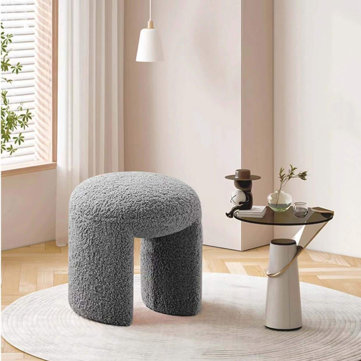 Brown and white boucle stool with short and long design, ideal for living room, bedroom, or entryway seating