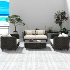 Modern 4Pcs Aluminum & Rope Outdoor Sofa Set with Faux Marble Coffee Table and Soft Cushion Pillow for Outdoor Living