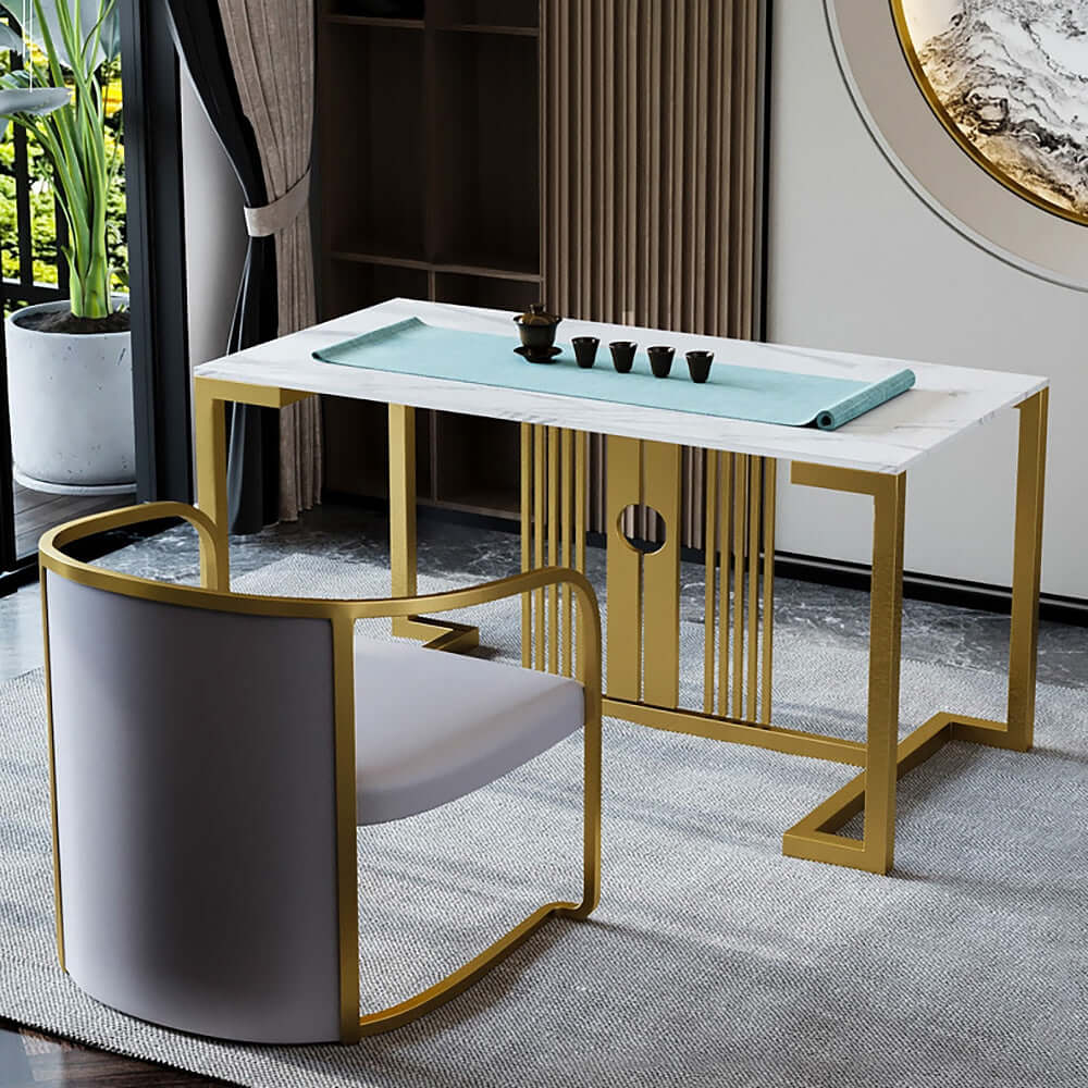 グレー フェイクレザー アクセントチェア アップホルスタード バレルチェア ゴールドフィニッシュ メタル サブ画像