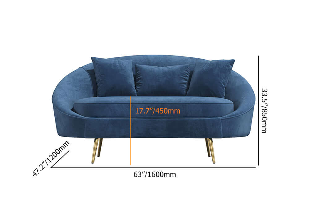 Elegant pink velvet sofa with curved design, gold metal frame, 63 inch length, includes toss pillow