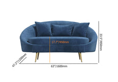 Elegant pink velvet sofa with curved design, gold metal frame, 63 inch length, includes toss pillow