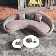 Modern pink velvet sofa with curved design, gold metal frame, and toss pillow, 63 inch length