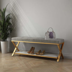 Soft velvet upholstered entryway bench with X-shaped base for storing essentials