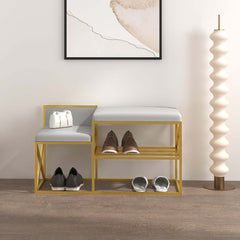 Contemporary white and gold upholstered bench for entryway decor