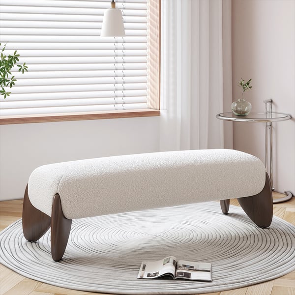Curva Modern White Boucle Bedroom Bench Upholstered Long Bench with Wood Legs