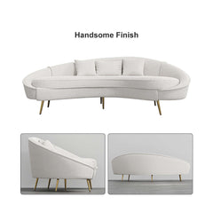 Modern 63 inch pink velvet sofa with curved design, gold metal frame, and matching toss pillow