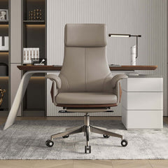 Ergonomic white leather adjustable office chair with high back for comfortable desk work