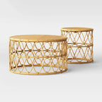 Boho style natural rattan round coffee table and side table set with hand-woven design
